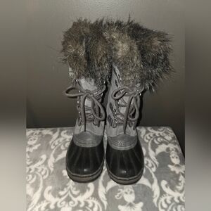 Sorel Gray and Black Faux Fur Winter Boots